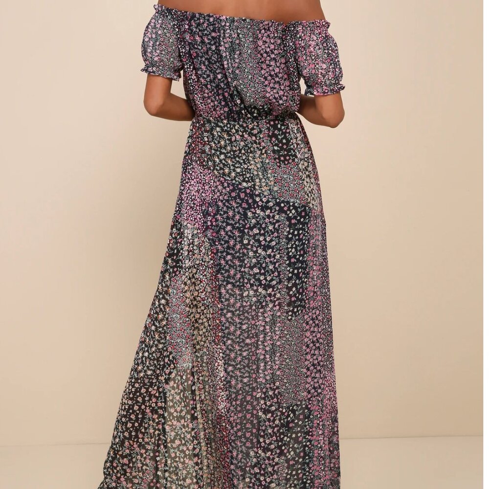 Lulus Blue Floral Off Shoulder Maxi Dress New Large Neva Navy Blue Floral Print - Picture 7 of 15